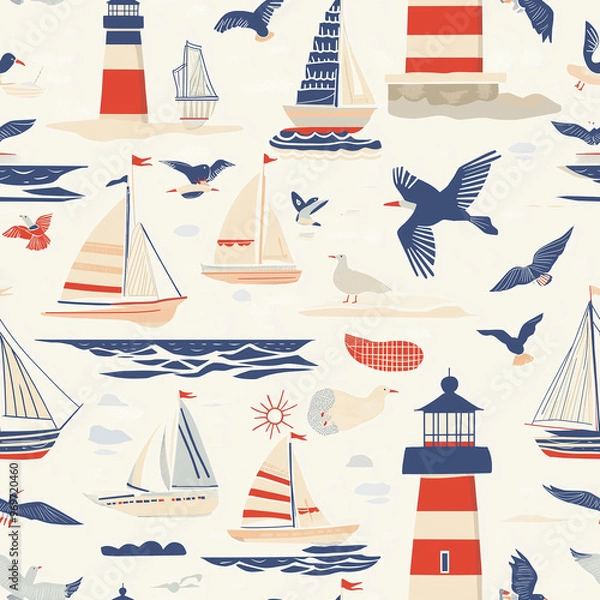 Fototapeta Nautical themed seamless pattern with seagulls, lighthouses and sailboats