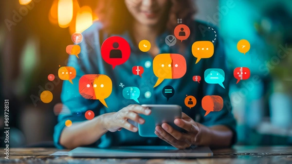 Fototapeta 
A woman utilizing omnichannel communication, seamlessly interacting across multiple platforms like phone, email, chat, and social media to enhance connectivity and customer engagement.






