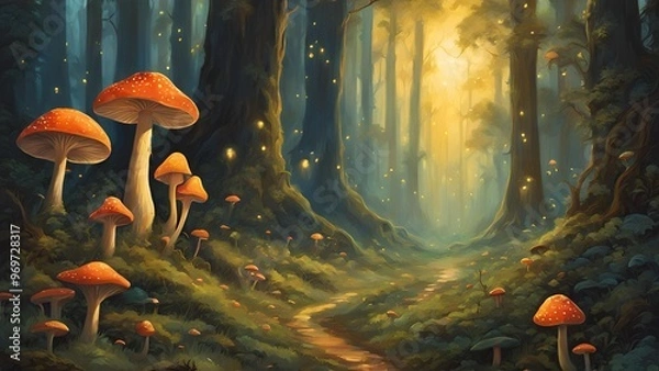 Fototapeta mystical forest, glowing mushrooms, fireflies, enchanted forest, magical scene, glowing mushrooms forest, mystical glow, fantasy forest, luminous mushrooms, fireflies in forest, glowing forest, 