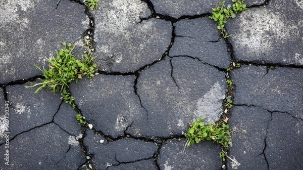 Obraz A close-up of a cracked asphalt road with weeds growing through, symbolizing neglect and potential hazards