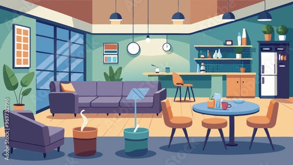 Fototapeta A living room with a couch, a coffee table, and a refrigerator