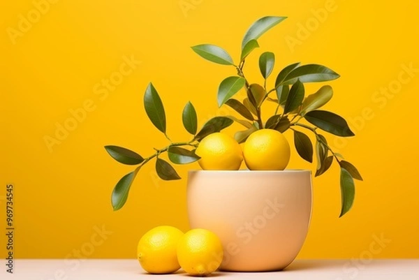 Fototapeta Minimalist still life with fruits, plants, and ceramics on a simple background emphasizing form
