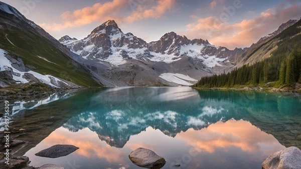 Fototapeta serene mountain landscape, crystal-clear lake, lake reflecting mountains, snow-covered peaks, mountain scenery, tranquil nature, peaceful mountains, alpine landscape, lake reflection, scenic mountain 
