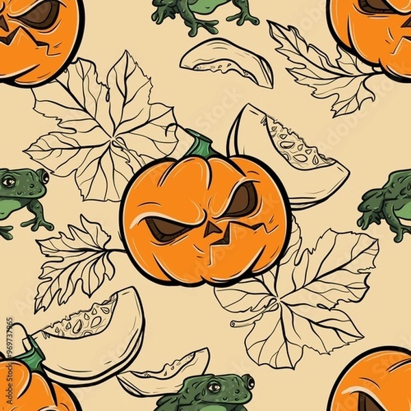 Obraz Seamless pattern with pumpkins and frogs, graphics with colored elements. Pumpkins with different emotions. Print for wrapping paper, textiles, poster, gift paper