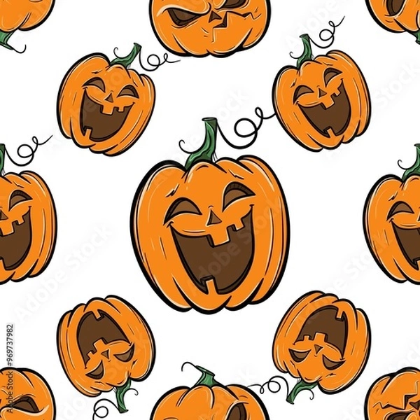 Fototapeta Seamless pattern with pumpkins and frogs, graphics with colored elements. Pumpkins with different emotions. Print for wrapping paper, textiles, poster, gift paper