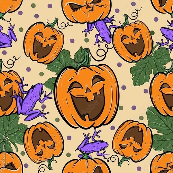 Fototapeta Seamless pattern with pumpkins and frogs, graphics with colored elements. Pumpkins with different emotions. Print for wrapping paper, textiles, poster, gift paper