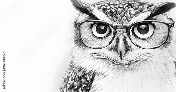 Fototapeta Pencil drawing of owl head with glasses on white background. Looking into camera. Copy space.