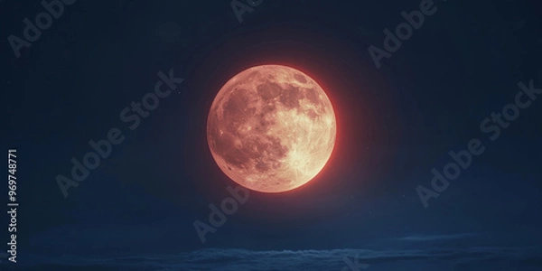 Fototapeta Vivid red moon rising in a clear night sky, glowing softly against the dark horizon, creating an atmospheric and celestial scene, selective focus

