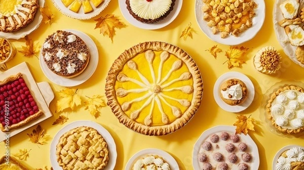 Fototapeta An array of vibrant Thanksgiving desserts: pies, cakes, and cookies, arranged on a glowing yellow tablecloth with golden leaves scattered around