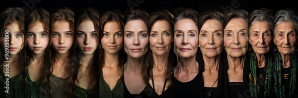 Fototapeta This collage traces the transformation of a woman, visually depicting her graceful progression from innocence of youth to the wisdom of old age, with each stage capturing the subtle beauty of aging