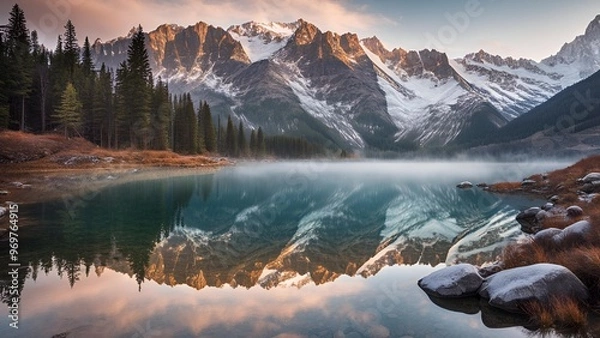 Fototapeta serene mountain landscape, crystal-clear lake, lake reflecting mountains, snow-covered peaks, mountain scenery, tranquil nature, peaceful mountains, alpine landscape, lake reflection, scenic mountain 
