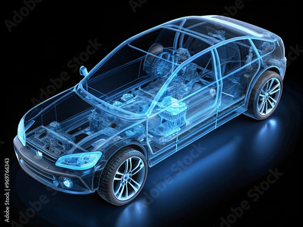Fototapeta An Intricate Line Art 3D Illustration of a Modern Electric Car Chassis in X-Ray View, Highlighting the Vehicle Battery in a Studio Setting 