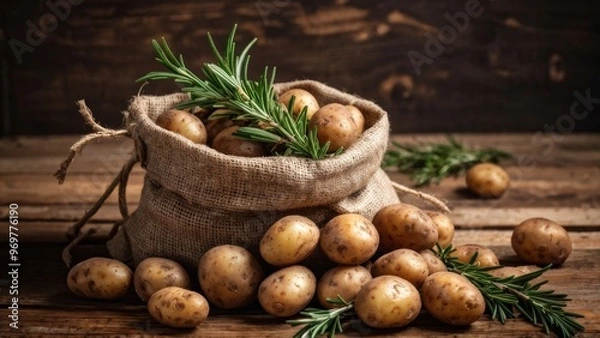 Fototapeta New potatoes in a burlap sack with rosemary on a wooden table.