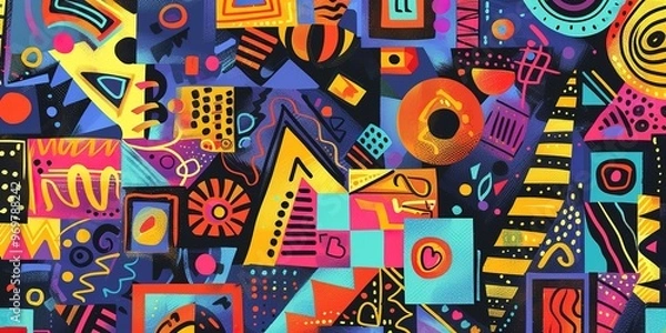 Fototapeta Illustration of colorful different seamless and geometric patterns in neo-primitive expressionism art on abstract background