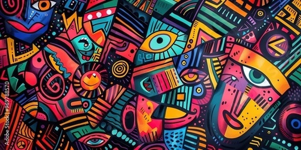 Fototapeta Illustration of colorful different seamless and geometric patterns in neo-primitive expressionism art on abstract background