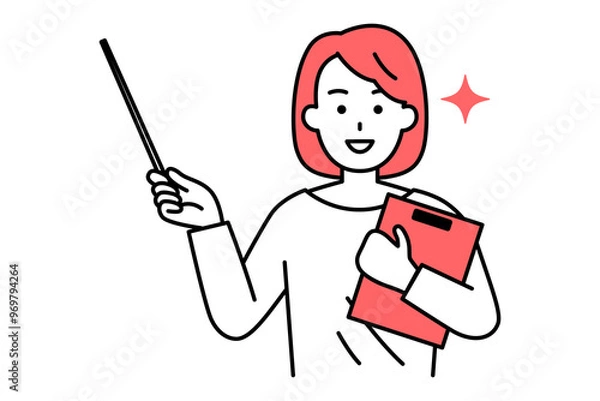 Fototapeta クリップボードと指示棒を持って説明するカジュアルな女性