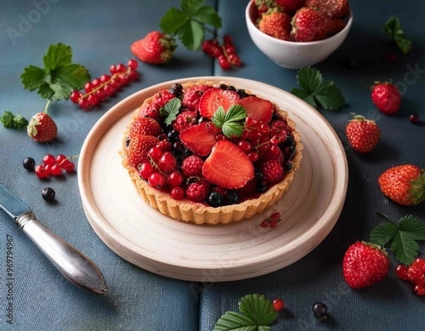 Fototapeta Delicious tart with fresh strawberries, raspberries and currants on the table