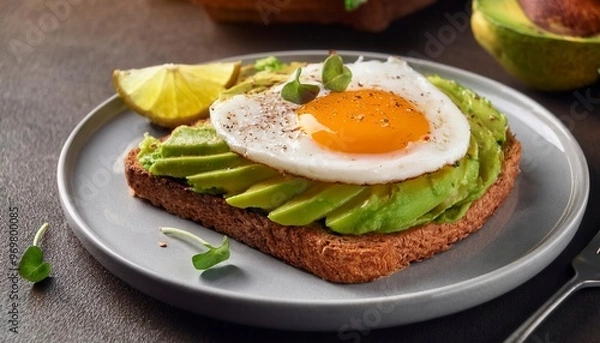 Fototapeta Healthy Breakfast Toast With Avocado, Egg. Generated image