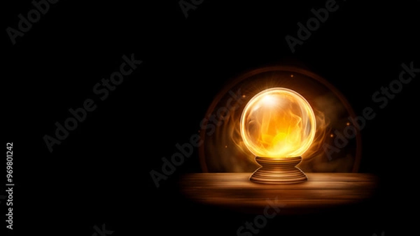 Obraz A golden crystal ball stands on a wooden surface and illuminates the space with yellow light on a black background, copy space. High quality illustration