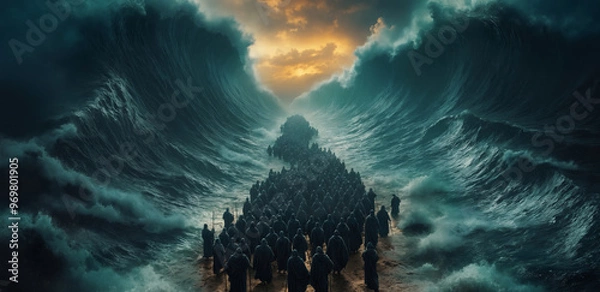 Obraz Moses parting the Red Sea with towering walls of water on either side. Bible Old Testament.