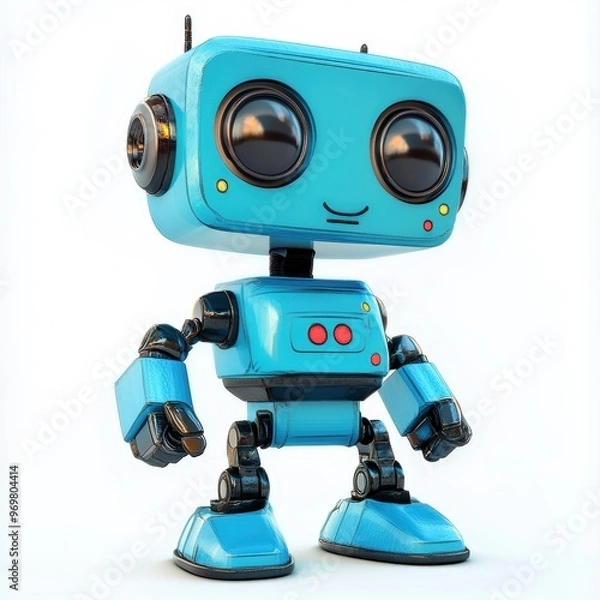 Fototapeta Colored cute and funny 3d robot modern style isolated on white background. Cartoon style character.
