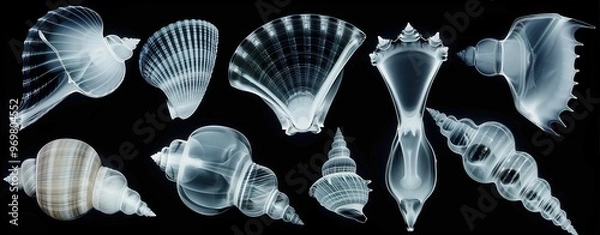 Fototapeta X-ray image of seashells displaying intricate internal structures on a dark background