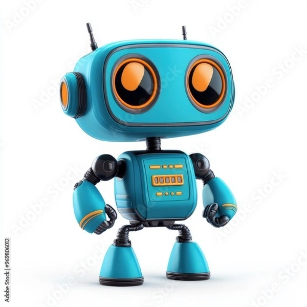 Fototapeta Colored cute and funny 3d robot modern style isolated on white background. Cartoon style character.
