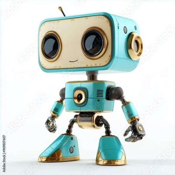 Fototapeta Colored cute and funny 3d robot modern style isolated on white background. Cartoon style character.
