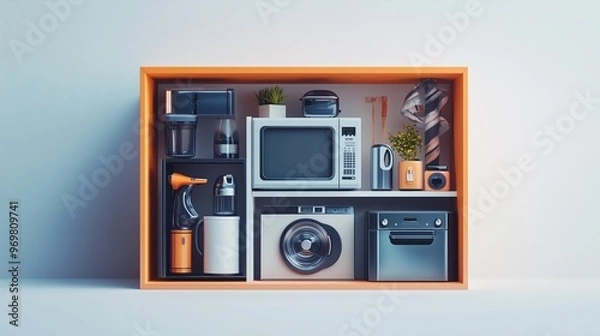 Obraz Modern kitchen appliances and gadgets organized in a stylish display inside a vibrant shelving unit