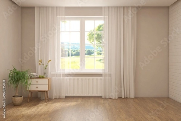 Fototapeta White empty room with summer landscape in window. Scandinavian interior design. 3D illustration