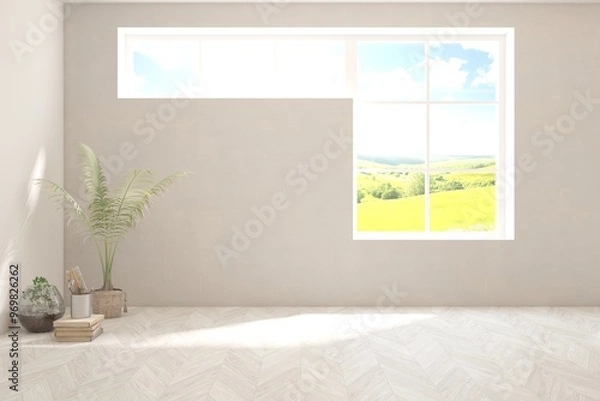 Fototapeta White empty room with summer landscape in window. Scandinavian interior design. 3D illustration