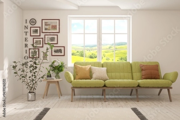 Fototapeta White living room with sofa and summer landscape in window. Scandinavian interior design. 3D illustration