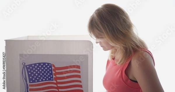 Fototapeta Profile medium shot, young, red-haired woman casting votes at booth and considering the options, with white background