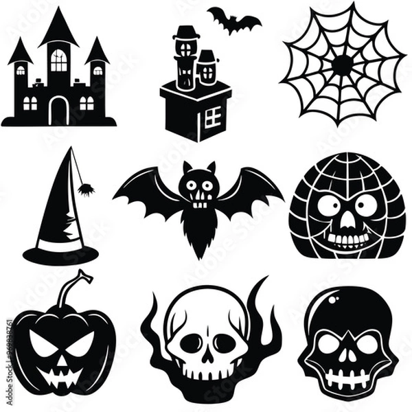 Fototapeta Gothic halloween sticker pack made up of pumpkins, bats, cats, crow, skull, ghosts, graves, spider, web and broom. Different holiday stickers as prints, patterns for graphic or fashion design