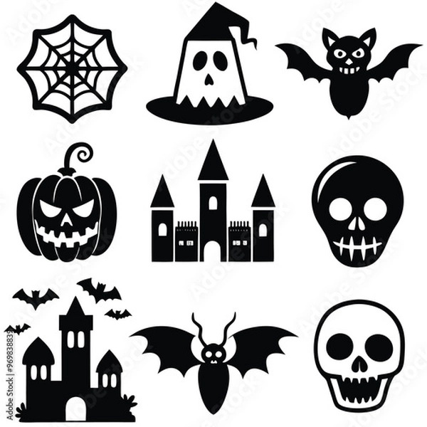 Fototapeta Gothic halloween sticker pack made up of pumpkins, bats, cats, crow, skull, ghosts, graves, spider, web and broom. Different holiday stickers as prints, patterns for graphic or fashion design