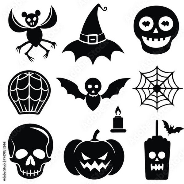 Fototapeta Gothic halloween sticker pack made up of pumpkins, bats, cats, crow, skull, ghosts, graves, spider, web and broom. Different holiday stickers as prints, patterns for graphic or fashion design