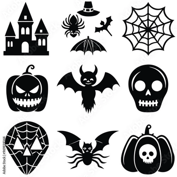 Fototapeta Gothic halloween sticker pack made up of pumpkins, bats, cats, crow, skull, ghosts, graves, spider, web and broom. Different holiday stickers as prints, patterns for graphic or fashion design