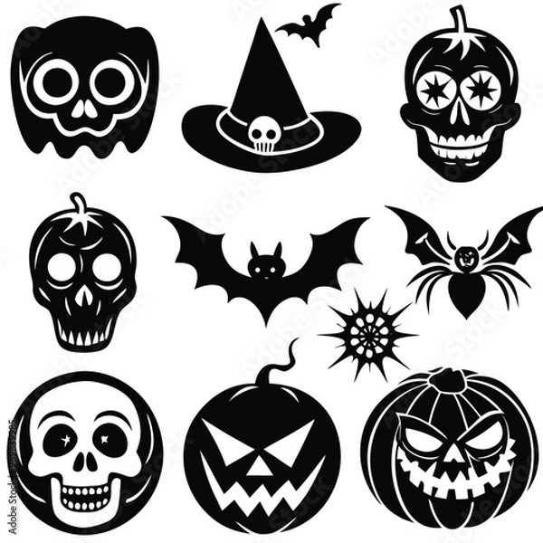 Fototapeta Gothic halloween sticker pack made up of pumpkins, bats, cats, crow, skull, ghosts, graves, spider, web and broom. Different holiday stickers as prints, patterns for graphic or fashion design