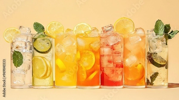 Obraz  A row of colorful glasses filled with assorted beverages and adorned with fresh lemons, limes, and mints