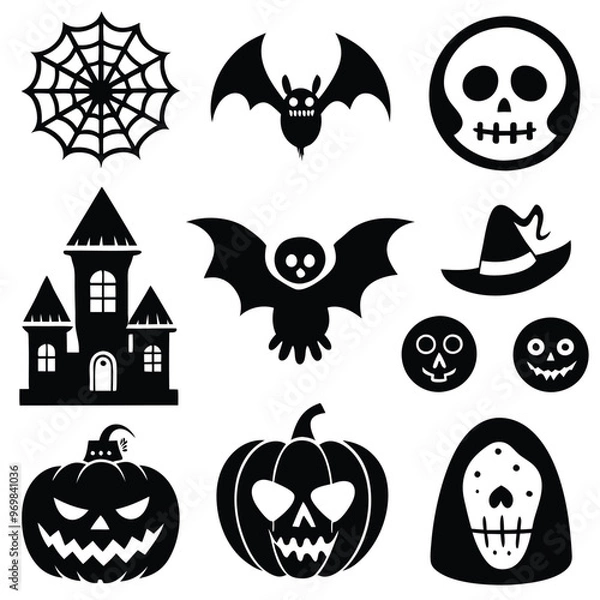 Fototapeta Gothic halloween sticker pack made up of pumpkins, bats, cats, crow, skull, ghosts, graves, spider, web and broom. Different holiday stickers as prints, patterns for graphic or fashion design