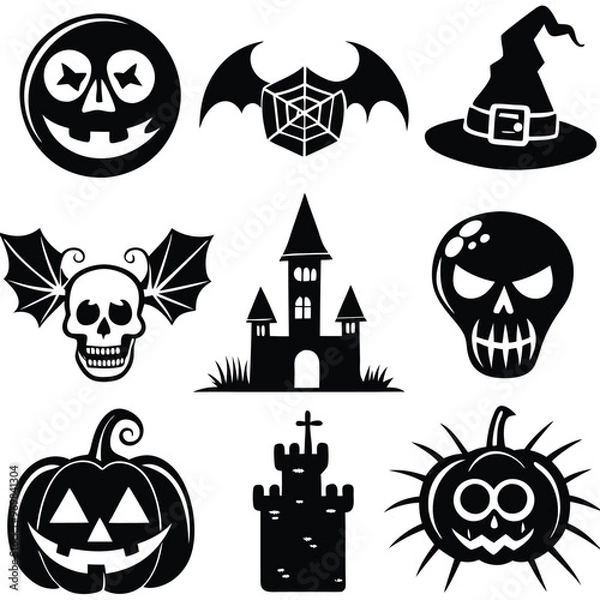 Fototapeta Gothic halloween sticker pack made up of pumpkins, bats, cats, crow, skull, ghosts, graves, spider, web and broom. Different holiday stickers as prints, patterns for graphic or fashion design