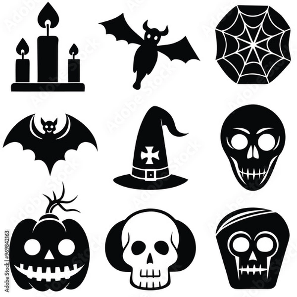 Fototapeta Gothic halloween sticker pack made up of pumpkins, bats, cats, crow, skull, ghosts, graves, spider, web and broom. Different holiday stickers as prints, patterns for graphic or fashion design
