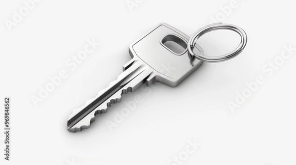 Fototapeta Silver key with a keyring isolated on a white background.