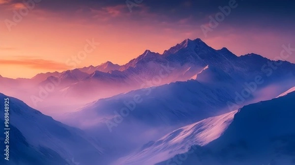 Fototapeta A majestic stock photo of a mountain range bathed in the soft light of dawn. 