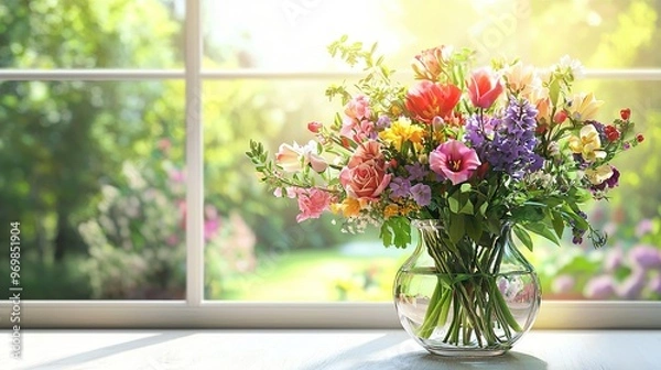 Obraz   A vase overflowing with vibrant blossoms rests atop a wooden table beside a window ledge