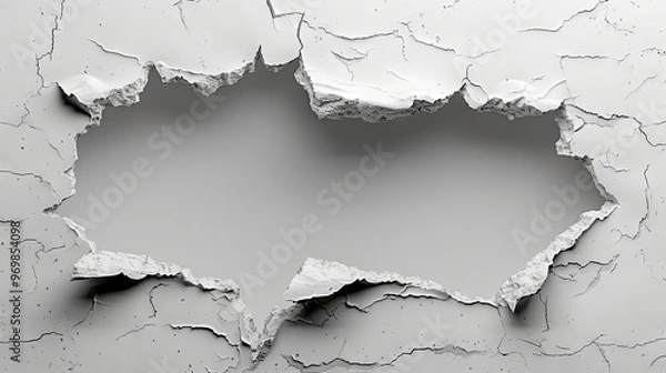 Fototapeta Hole breaking through white wall with cracked edges, creating a cut-out effect