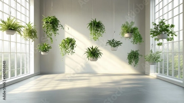 Fototapeta A room with many hanging plants and a window