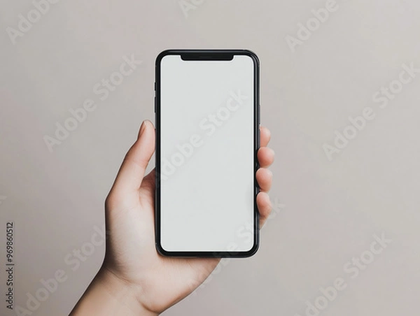 Obraz Hand holding a smartphone with blank screen mockup for mobile app presentation and UI UX design. 