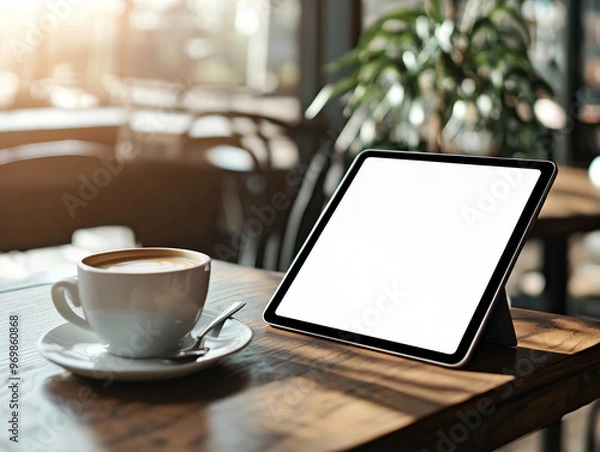 Fototapeta A Cup of Coffee and a Tablet Device on a Wooden Table in a Cafe Setting
