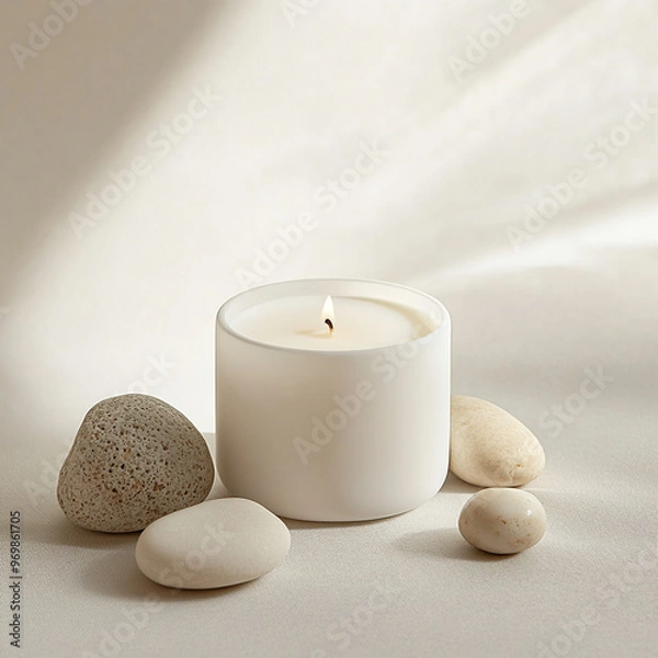 Obraz A burning candle and stones on white background for spa treatment or relaxation  - minimal concept